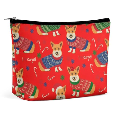 Tragbare Make-up-Tasche für Damen, Kosmetiktasche für Reiseutensilien mit Weihnachts-Corgis-Hund in Rot, Make-up-Tasche aus PU-Leder mit großer Kapazität, wasserdichte Kulturtasche von KWQDOZF