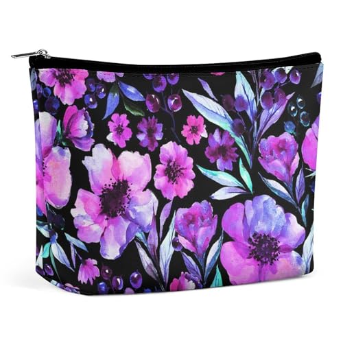 Trapezförmige Kosmetiktasche für Damen mit Reißverschluss, Make-up-Tasche, tragbarer Organizer, handgezeichnetes Aquarell, lila Blumen, Kulturbeutel, Kosmetiktasche von KWQDOZF