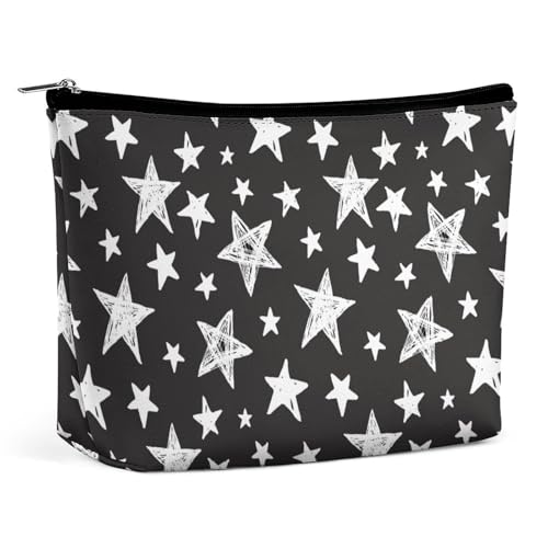 Trapezförmige Kosmetiktasche für Damen mit Reißverschluss, Make-up-Tasche, tragbarer Organizer, weiße Sterne auf schwarzem Kulturbeutel, Kosmetiktasche von KWQDOZF
