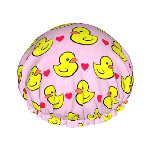 Wasserdichte Badekappen aus Kunststoff, wiederverwendbar, kompatibel mit rosa Herz-Polka-Punkten, gelben Gummienten, elastisches Band, Bade-Haarhut für Damen und Damen, Spa-Salon von KWQDOZF