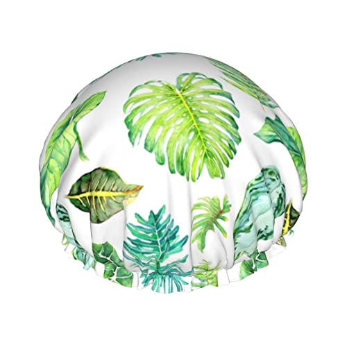 Wasserdichte Duschhaube mit tropischen Blättern in Aquarellfarbe, elastische Bade-Haarhaube, umweltfreundliche Badehauben, doppelt wasserdichte Bade-Duschhaube von KWQDOZF