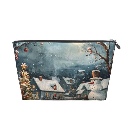 Winter-Schneemannhaus, Weihnachtsbaum, Damen-Make-up-Tasche mit Aufdruck, große Kapazität, Reise-Make-up-Tasche, Leder, wasserdicht, Kulturbeutel, Rasierbeutel, Geldbörse von KWQDOZF