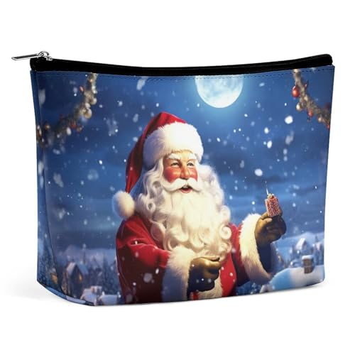 Winter-Weihnachts-Santa-PU-Leder-Reise-Make-up-Tasche Kosmetiktasche für Frauen Tragbarer Handtaschenverschluss-Organizer von KWQDOZF