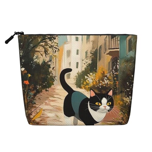Yard Cats Make-up-Tasche, große Kapazität für Reisen für Frauen, wasserdichte einlagige tragbare Kosmetiktasche aus Hanfimitat mit Reißverschluss von KWQDOZF