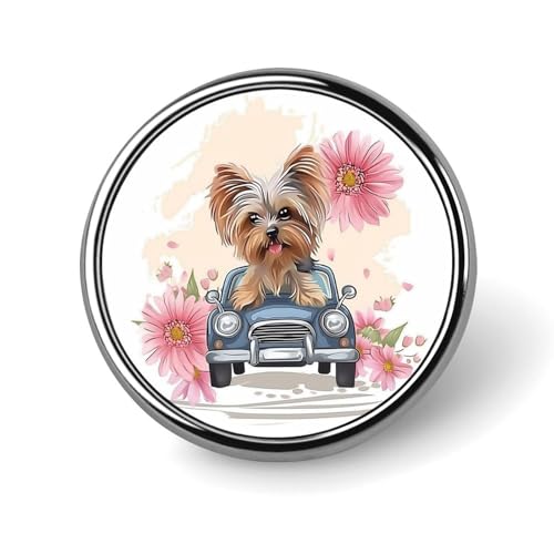 Yorkshire Terrier Hund Auto Cartoon Runde Brosche Anstecknadel Anstecker Revers Krawattennadel für Frauen Männer Büroangestellte Lehrer Dekor von KWQDOZF
