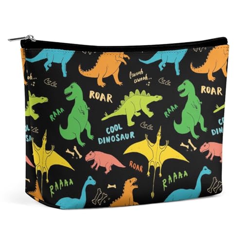 wasserdichte Make-up-Tasche für unterwegs, große, farbenfrohe Kosmetiktasche mit Dinosaurier-Motiv in Schwarz für Damen, tragbare Aufbewahrungstasche mit Reißverschluss von KWQDOZF