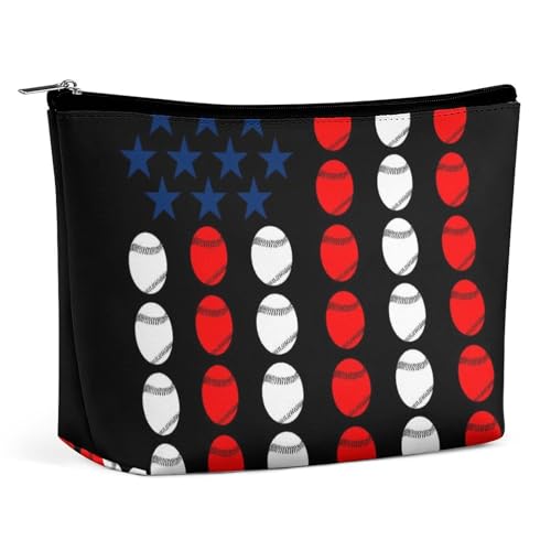 wasserdichte Reise-Make-up-Tasche, große Kapazität, Baseball-Sport, lustige Kosmetiktasche mit amerikanischer Flagge für Damen, tragbare Reißverschlusstasche, Aufbewahrungstasche für Zubehör von KWQDOZF