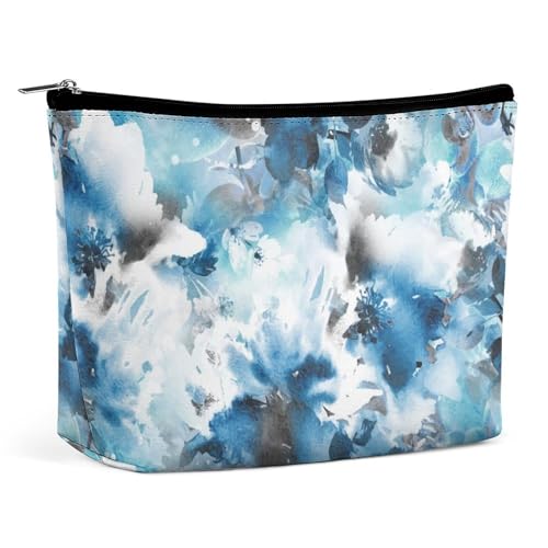 wasserdichte Reise-Make-up-Tasche, große Kapazität, Blaue Batik-Kosmetiktasche mit Aquarellblumen für Damen, tragbare Reißverschlusstasche, Aufbewahrungstasche für Accessoires von KWQDOZF
