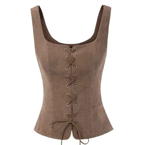 Frauen Vintage Faux Wildleder Square Neck U-Back Schnürung vorne Weste Mantel Weste Renaissance Cosplay Kostüm Bauern Mieder von KWTF