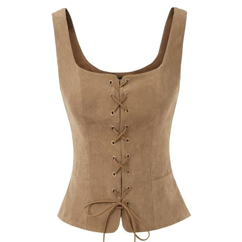 Frauen Vintage Faux Wildleder Square Neck U-Back Schnürung vorne Weste Mantel Weste Renaissance Cosplay Kostüm Bauern Mieder von KWTF