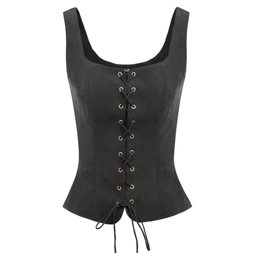 Frauen Vintage Faux Wildleder Square Neck U-Back Schnürung vorne Weste Mantel Weste Renaissance Cosplay Kostüm Bauern Mieder von KWTF