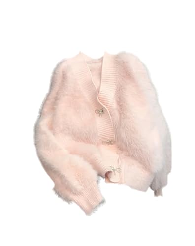 KWTF Kurzes Strickoberteil Nerz Koreanische Imitation Damen Frühling Herbst Strickjacke Weiche Schleife Rosa Pullover Lässige Strickwaren Mantel von KWTF