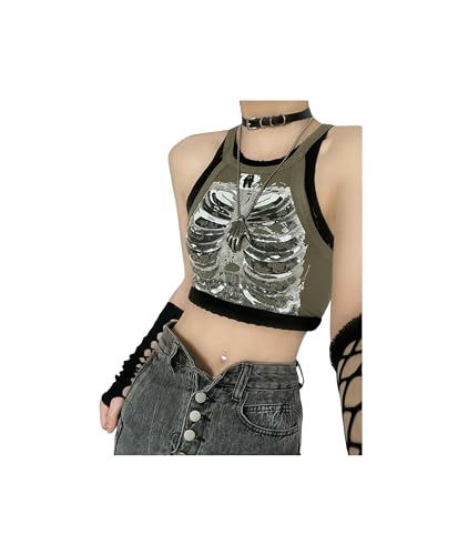 KWTF Punk Retro Skeleton Print Rippe Ärmellose Weste ArmyGreen Crop Top Kleidung Frauen von KWTF