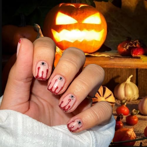 Halloween Nägel Press kurz Quadrat Nägel Nacktfarben, KXAMELIE Acryl Nägel Klebestreifen mit Spinnen Design, Soft Gel Nägel stark Press ons, Fake Nägel für Mädchen auf Nägel für Frauen in 24PCS. von KXAMELIE