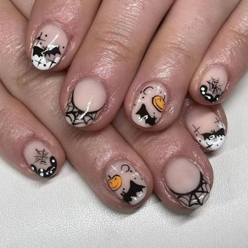 Halloween Press auf Nägel Short Oval Nägel Nude, KXAMELIE Acryl Nägel Klebe auf Nägel mit süßer Pumpkin Design, Soft Gel Nägel stark Nägel Press ons, Fake Nägel für Mädchen Frauen in 24PCS von KXAMELIE