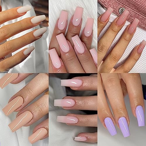 6 Packungen lange Presse auf Nägel Sargform,KXAMELIE Frühling gefälschte Nägel solide falsche Nägel weißrosa lila für Frauen Mädchen,144 Stück von KXAMELIE