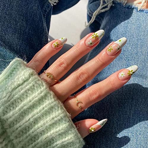 Frühlingsnägel,Weiße French Tip Press on Nails Medium Mandelform,KXAMELIE Grüne Blumen-Acrylnägel Full Cover Natural Nude Fake Nails Entworfen zum Aufpressen für Frauen,24 Stück von KXAMELIE