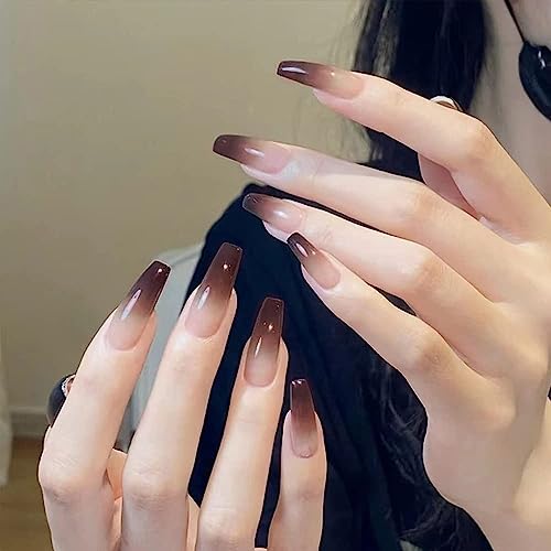 Lang Nägel zum Aufkleben Sarg,KXAMELIE Farbverlauf Rot Braun Einfache Falsche Nägel Full Cover Gel Undurchsichtig Acryl Nägels Einfach Einfache Mani für Frauen und Mädchen Tägliche Arbeit von KXAMELIE
