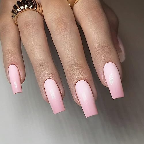 Lang Nägel zum Aufkleben Sarg,KXAMELIE Farbverlauf Licht Rosa Einfache Falsche Nägel Full Cover Gel Undurchsichtig Acryl Nägels Einfach Einfache Mani für Frauen und Mädchen Tägliche Arbeit von KXAMELIE