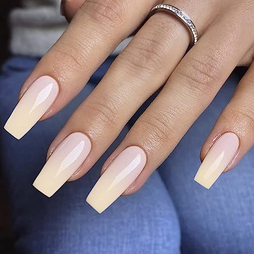 Lang Nägel zum Aufkleben Sarg,KXAMELIE Farbverlauf Nackt Einfache Falsche Nägel Full Cover Gel Undurchsichtig Acryl Nägels Einfach Einfache Mani für Frauen und Mädchen Tägliche Arbeit von KXAMELIE