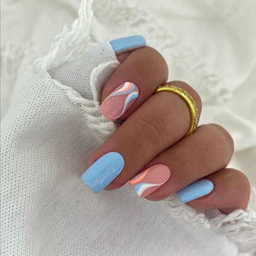 Quadratische Drücken Sie auf Nägel Kurz,KXAMELIE Nackt Nägel zum Aufkleben mit Bunt Französisch Press on Nails Glänzend Falsche NäGel Acryl für Frauen und Mädchen Tägliche Nutzung 12 Größen 24 Stück von KXAMELIE