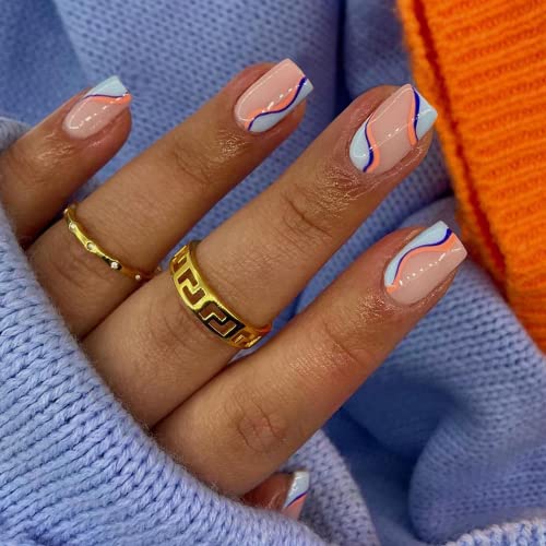 Quadratische Drücken Sie auf Nägel Kurz,KXAMELIE Nackt Nägel zum Aufkleben mit Bunt Wirbel Press on Nails Glänzend Wiederverwendbar Falsche NäGel Acryl für Frauen und Mädchen Tägliche Nutzung von KXAMELIE