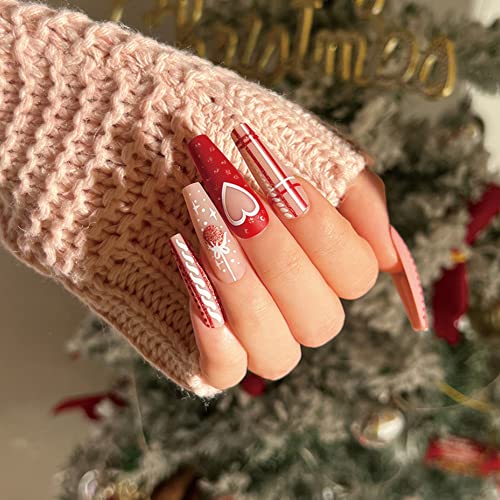 Weihnachten Matt Nägel zum Aufkleben Lang Sarg,KXAMELIE Rosa Gefälschte Nägel mit Glitzer Plaid & Herz,Rot Acryl Nägel Nägel Aufkleben für Frauen Mädchen Christmas Valentinsgruß Decor von KXAMELIE