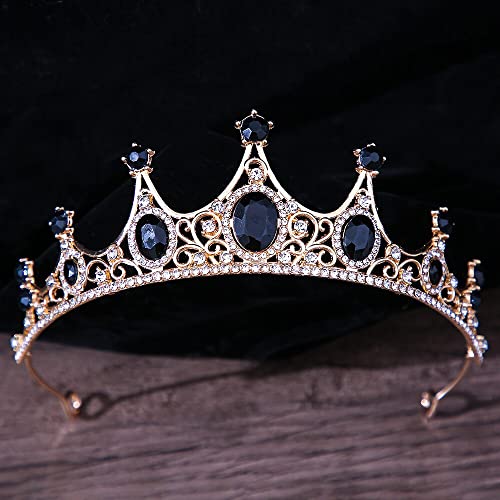 Haarschmuck Krone Tiaras für Frauen Barock Vintage Black Gothic Crystal Crown und Tiara Hochzeit Braut Haarzubehör für Frauen Strasskronen Diadem (Farbe: H007 Gold Schwarz) von KXQYIKYI