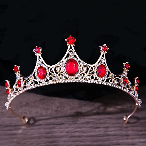 Haarschmuck Krone Tiaras für Frauen Barock Vintage Schwarz Gothic Crystal Crown und Tiara Hochzeit Braut Haarzubehör für Frauen Strasskronen Diadem (Farbe: H007 Gold Rot) von KXQYIKYI