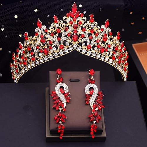 Haarschmuck Krone Tiaras für Frauen Goldfarben Brauthochzeitskrone mit Ohrringen Braut Diadem Prinzessin Abend Tiaras und Kronen Schmuck Haarzubehör (Farbe: Rotes Set) von KXQYIKYI