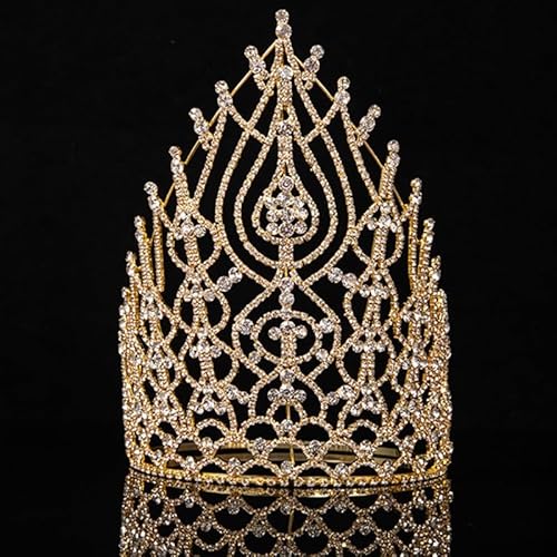 Haarschmuck Krone Tiaras für Frauen Schönheitswettbewerb Kronen -Strass -Festzug hohe Kronen Kristall -Einstellung Konturband Miss Big Tiara (Farbe: Gold, Größe: Diadas) von KXQYIKYI