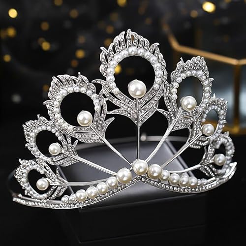 Haarschmuck Krone Tiaras für Frauen silberne Farbe Königin Tiaras und Kronen Perle Strass Feder Hochzeit Haarzubehör für Frauen Diadems König Prinzessin Krone von KXQYIKYI