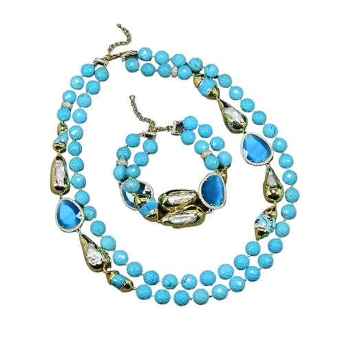 KXQYIKYI 2 Reihen kultivierte weiße Biwa Perle Blau Facetted a gepflasterte blaue Katze Augen Halskette Armband Sets Frauen Geschenke von KXQYIKYI