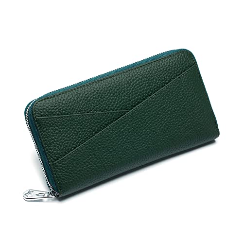 KXQYIKYI Damen-Geldbörse aus echtem Leder, RFID-blockierende Geldbörse mit Rundum-Reißverschluss, großes Fassungsvermögen, Lange Geldbörse, Kreditkarten-Clutch (Gelb), Dunkelgrün von KXQYIKYI