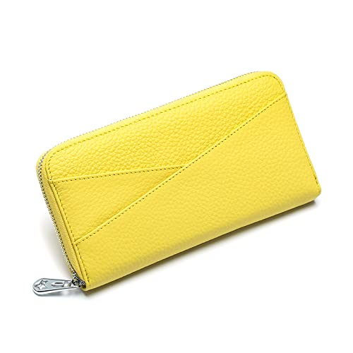 KXQYIKYI Damen-Geldbörse aus echtem Leder, RFID-blockierende Geldbörse mit umlaufendem Reißverschluss, großes Fassungsvermögen, Lange Geldbörse, Kreditkarten-Clutch (gelb) von KXQYIKYI