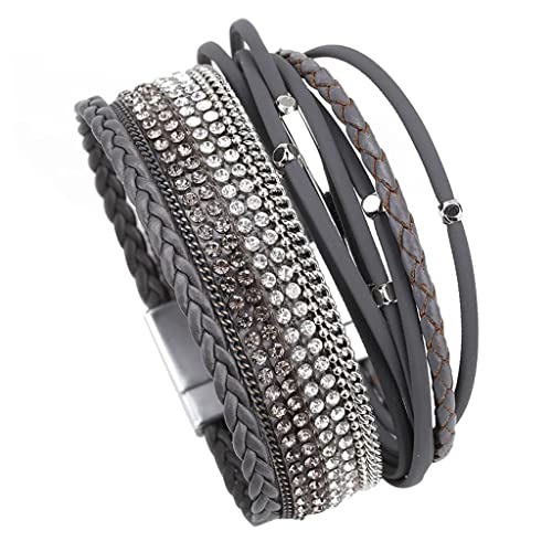 KXQYIKYI Frauen Perlen Lederarmband Boho mehrschichtige Strass-Strass-Metallrohr Breite Wickel geflochtene Armbänder Armreifen (Größe: 1) von KXQYIKYI