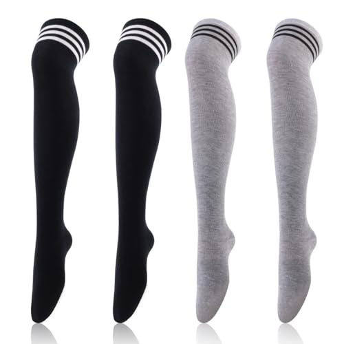 KXUSW Overknees Strümpfe Damen 2 Paar-Overknee Strümpfe-Thigh Highs-Streifen Thigh High Socks-Kniestrümpfe Damen Schwarz Und Grau(60cm) von KXUSW