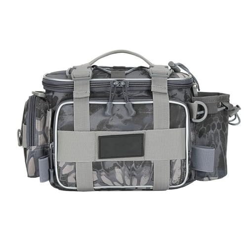 KXWDKJ Wasserabweisende Outdoor-Fliegenfischtasche mit seitlicher Wasserflaschentasche und Angelrutenriemen, Outdoor-Angeln, Schultertasche, Hüfttasche, Python-Muster, grau, Sportlich von KXWDKJ