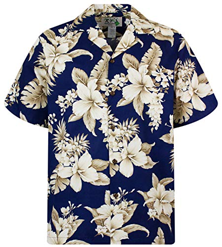 KY's Original Hawaiihemd, Kurzarm, Goldbraune Blume NEU, Blau, M von KY's