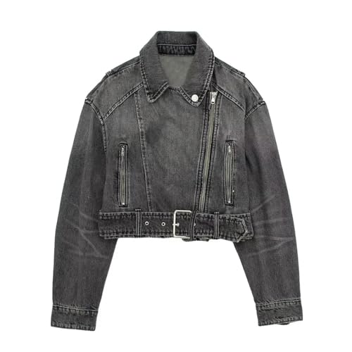 KYATON Jeansjacke Damen Herbst Und Winter Frauen Lässig Vielseitiger Hals Motorrad Lose Gürtel Denim Jacke Mantel-grau-m von KYATON