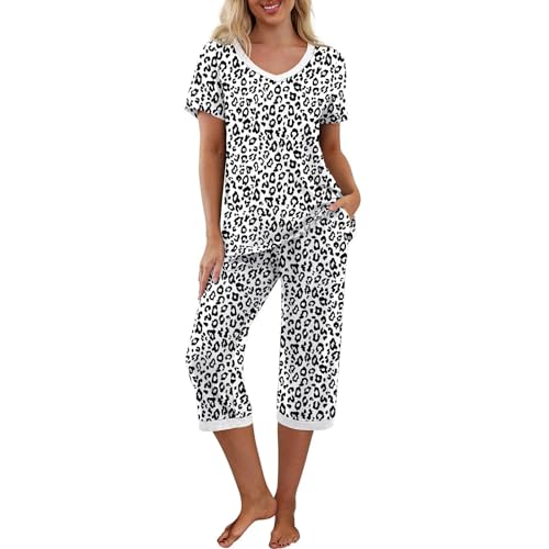 KYATON Pyjama Damen Damen Pyjama Set Kurzarm V-Ausschnitt T-Shirt Und Capri Hose Nachtwäsche-Leopard Weiß-m von KYATON