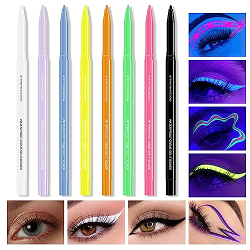 KYDA 8 Farben UV Glow Eyeliner Gel-Stift, 5 Neon-Farben, Glow in the Dark Eyeliner Stift, Fluoreszierender Regenbogen-Augen-Makeup-Stift, Unter dem Schwarzlicht Eyeliner, von Ownest Beauty von KYDA