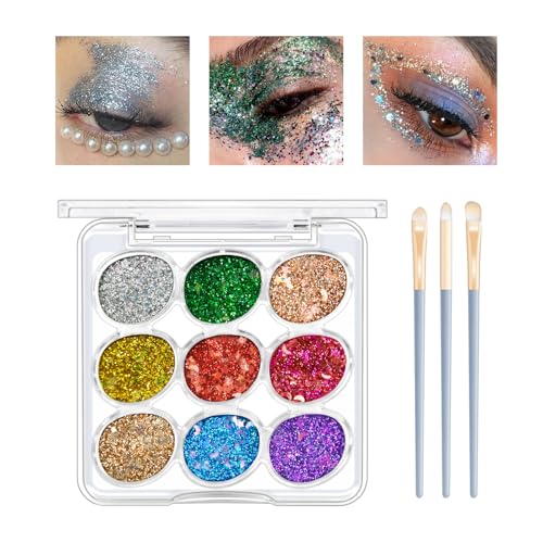 KYDA 9 Farbe Glitter Eyeshadow Palette, Sparkle Shimmer Eye Sequin Make-Up Paletten, hochpigmentierte Holographic Chunky Glitter Makeup Lidschatten Sequin für Bühne Festival Party-01 von KYDA