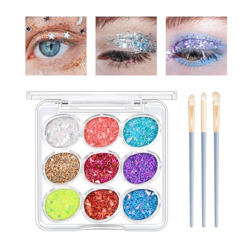 KYDA 9 Farbe Glitter Eyeshadow Palette, Sparkle Shimmer Eye Sequin Make-Up Paletten, hochpigmentierte Holographic Chunky Glitter Makeup Lidschatten Sequin für Bühne Festival Party-02 von KYDA