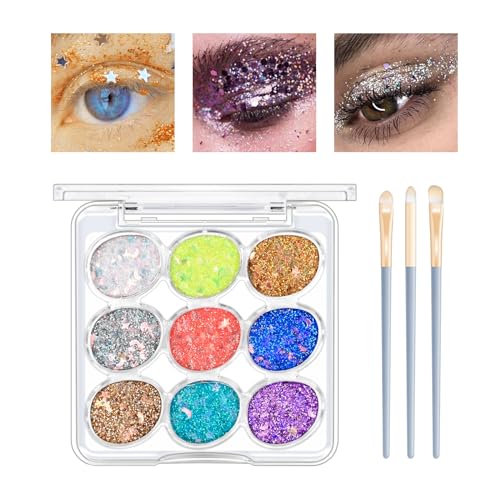 KYDA 9 Farbe Glitter Eyeshadow Palette, Sparkle Shimmer Eye Sequin Make-Up Paletten, hochpigmentierte Holographic Chunky Glitter Makeup Lidschatten Sequin für Bühne Festival Party-03 von KYDA