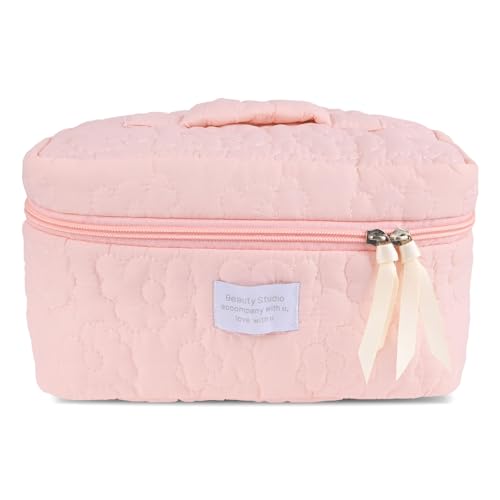 KYDA Make-up-Tasche, Baumwolle, gesteppt, große Kapazität, Reise-Kosmetiktasche, Organizer, Kulturbeutel mit Reißverschluss, Pink von KYDA