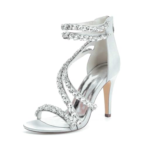 Satin-Stiletto-high-Heels Für Damen Mit Offener Spitze, Brautjungfernschuhe Mit Runder Spitze Und Fesselriemchen, Strass-Brautschuhe Für Hochzeiten, Perfekt Für Brautpartys Und Abschlussbälle von KYEGLO