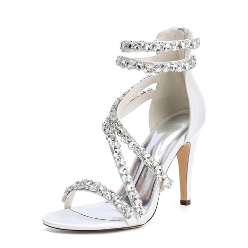 Satin-Stiletto-high-Heels Für Damen Mit Offener Spitze, Brautjungfernschuhe Mit Runder Spitze Und Fesselriemchen, Strass-Brautschuhe Für Hochzeiten, Perfekt Für Brautpartys Und Abschlussbälle von KYEGLO