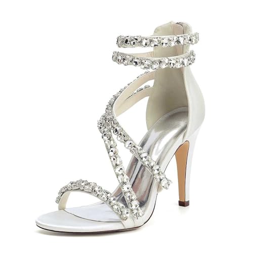 Satin-Stiletto-high-Heels Für Damen Mit Offener Spitze, Brautjungfernschuhe Mit Runder Spitze Und Fesselriemchen, Strass-Brautschuhe Für Hochzeiten, Perfekt Für Brautpartys Und Abschlussbälle von KYEGLO