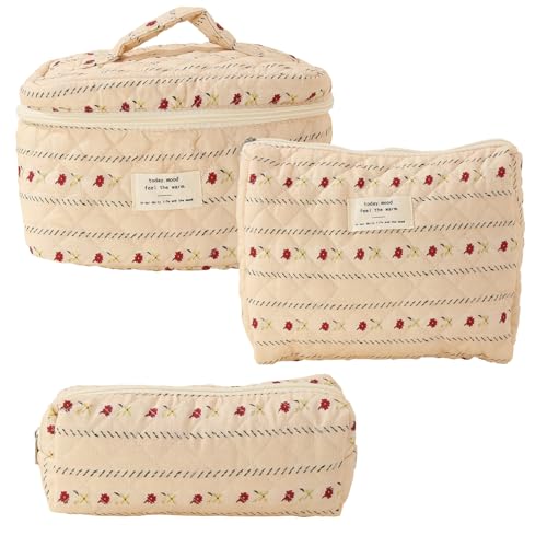 Gesteppte Make-up-Beutel Set 3PCS Baumwollblumen-Make-up-Tasche in verschiedenen Größen Zip-Verschluss Ästhetische Toilettenbeutel Kosmetikbeutel Set Make-up Organizer Tasche für Frauen Reisen STYL von KYEQATY